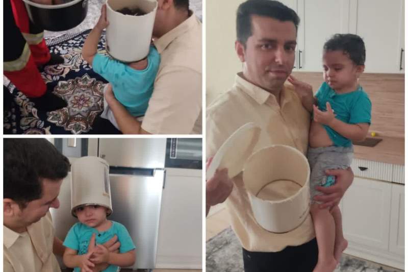 آتش‌نشانان قمی کودک گرفتار در سطل را نجات دادند