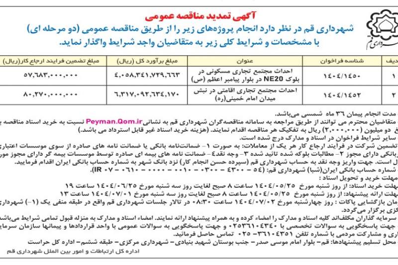 تمدید فراخوان عمومی برای جذب سرمایه‌گذار برای مشارکت در ساخت مجتمع‌های تجاری–مسکونی در بلوار پیامبر اعظم(ص) و مجتمع تجاری–اقامتی در میدان امام خمینی
